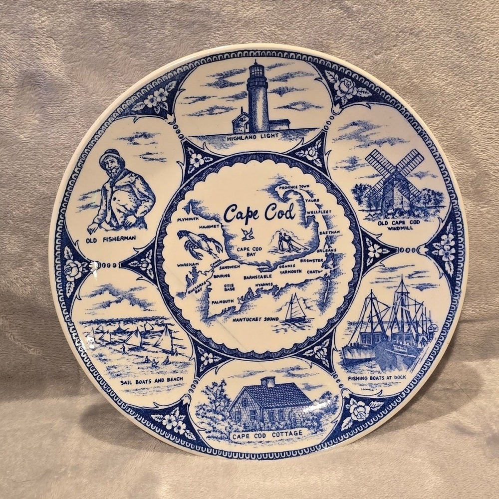 Vintage Nanco Cape Cod Massachusetts Souvenir Plate Blue White Map Japan 8"